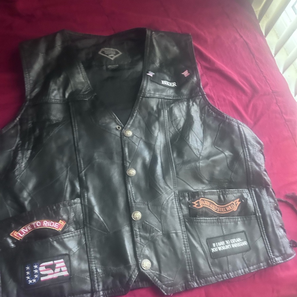 Black Leather Motorcycle Vest with Patches